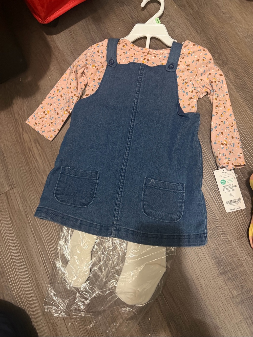 Denim Pinafore Dress with Pink Floral Long-Sleeve Top - nwt- 18 months
